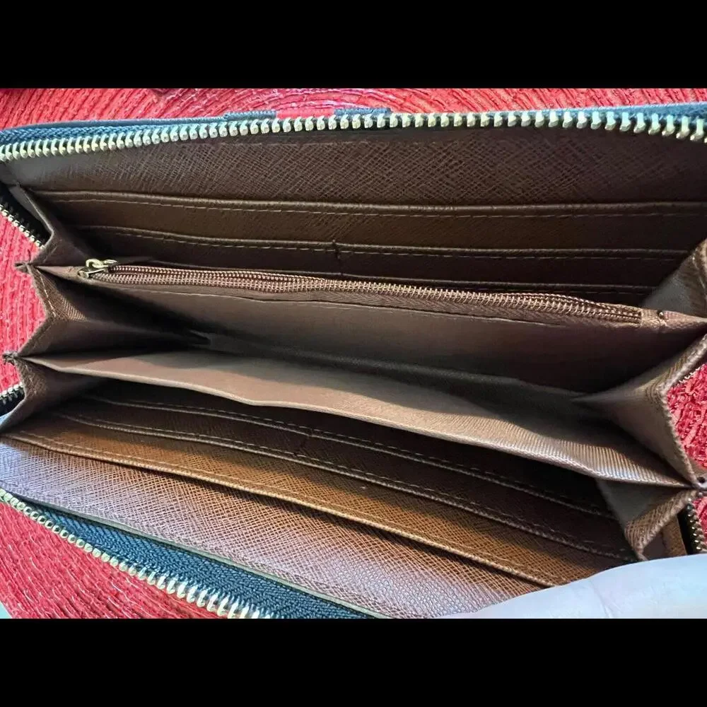 Black Faux Leather Zip‎ Wallet with Red & Navy Stripe Trim